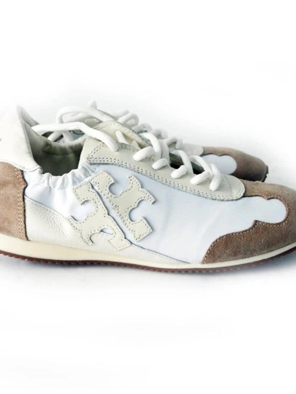 BURCH TORY SNEAKER NYLON/LEATHER/SUEDE T LOGO IVORY/TAN/SZ US 8.5